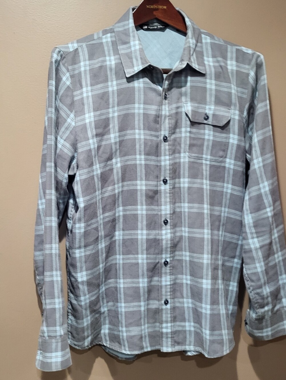 Travis Mathew Taupe & White Plaid Button-Down Shirt